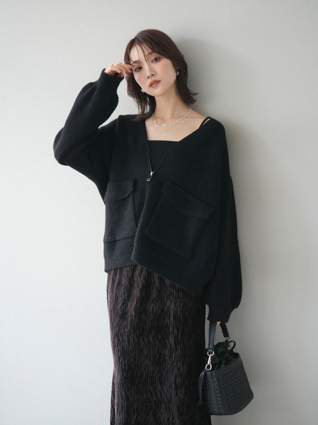 [予約]BIGポケットジップニットカーディガン/black