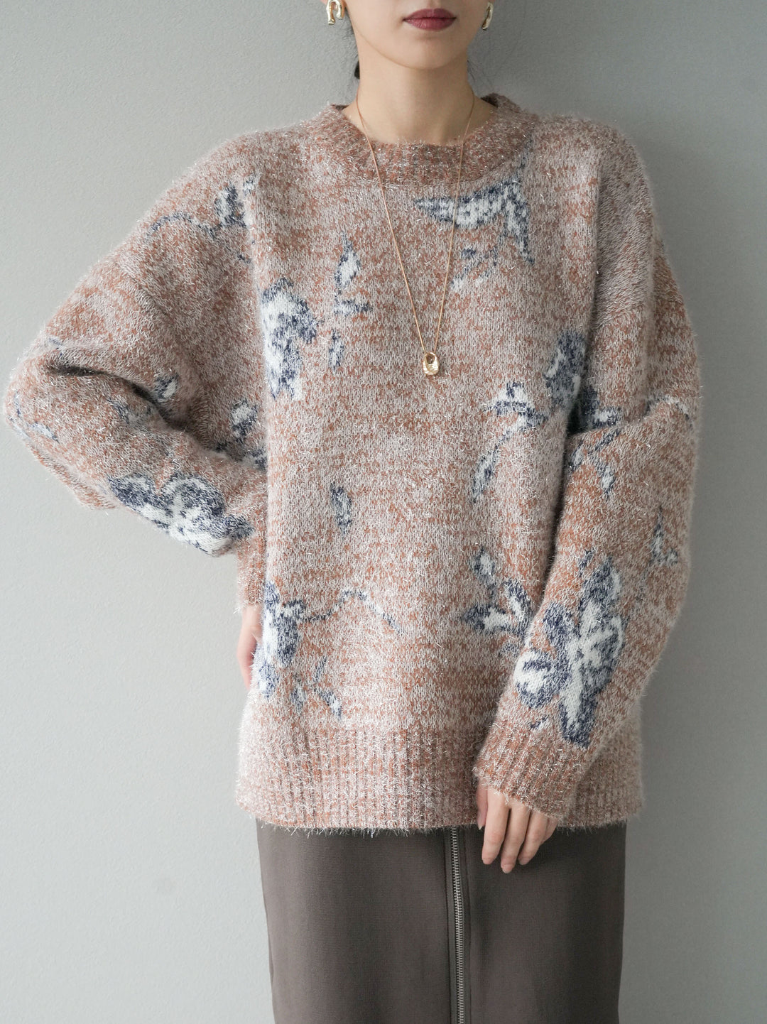 [預訂] 花提花金銀絲針織套頭衫/棕色