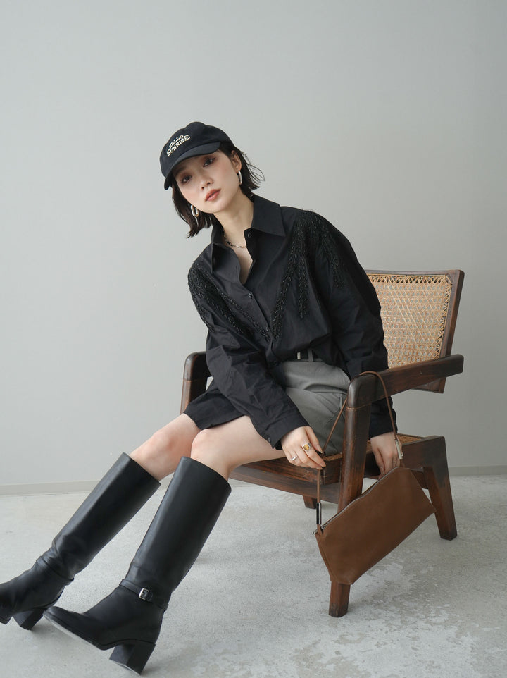 [予約]ビーズ刺繍デザインシャツ/black