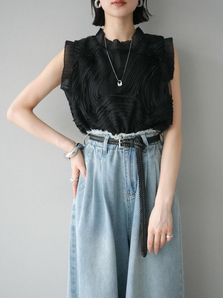[予約]チュールジャガードノースリブラウス/ブラック