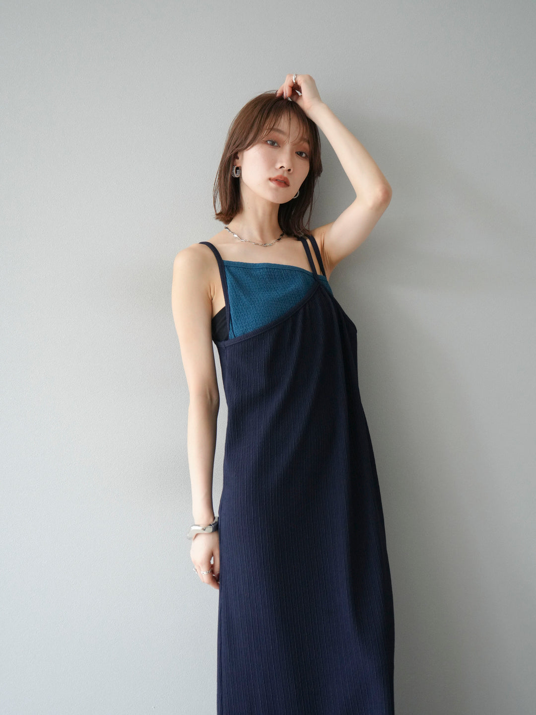 [予約]バイカラーレイヤードキャミワンピース/ネイビー