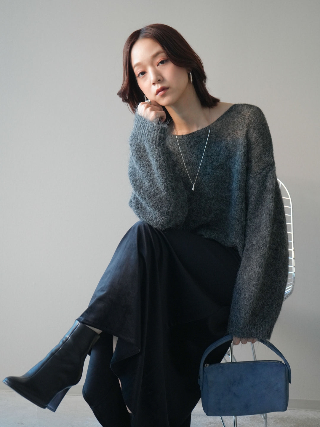 [SET]透かしデザインニットプルオーバー+ベルベットナロースカート(2set)