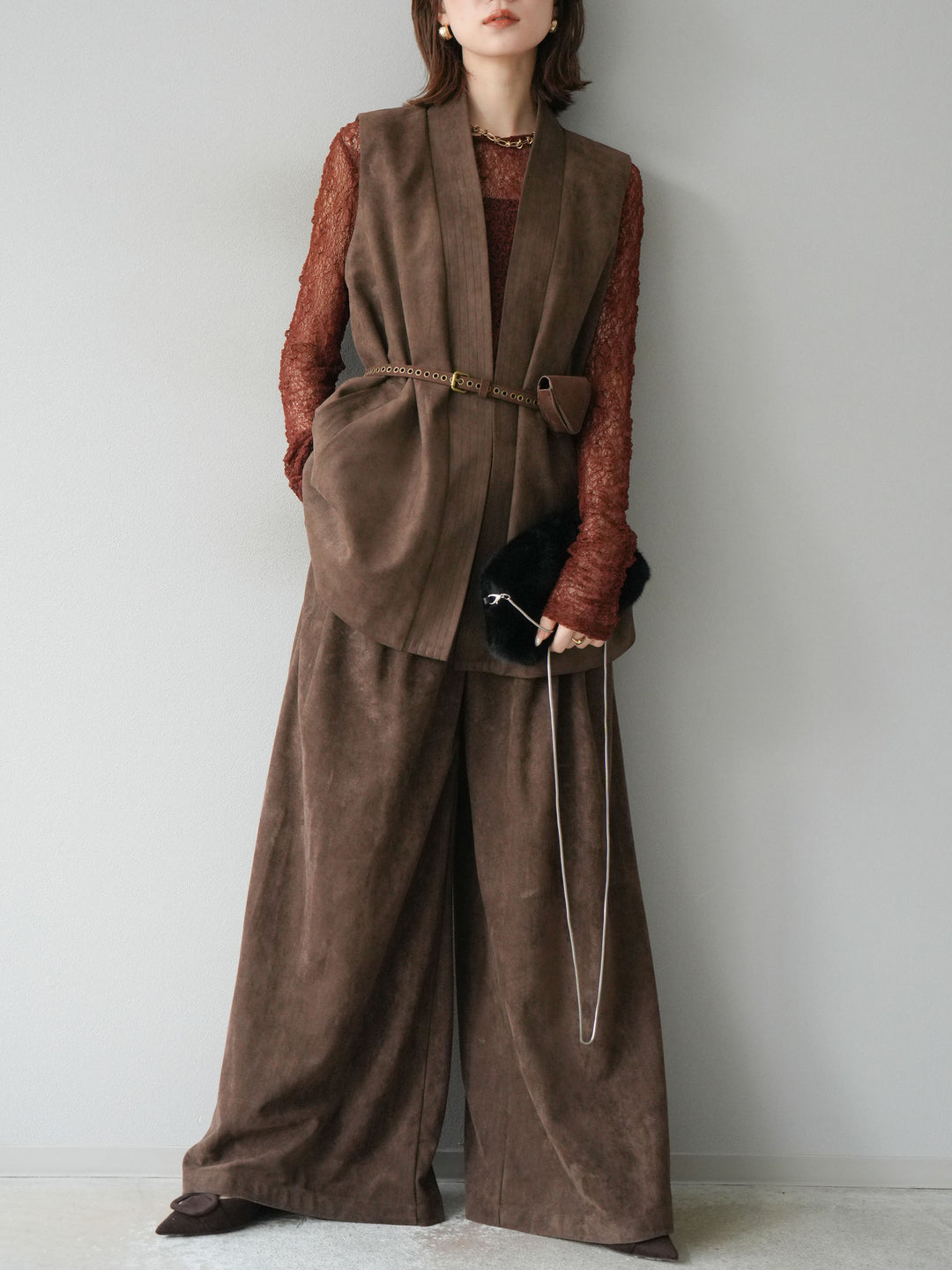 [SET]ポーチベルト付スウェードジレ×パンツSET UP(2set)