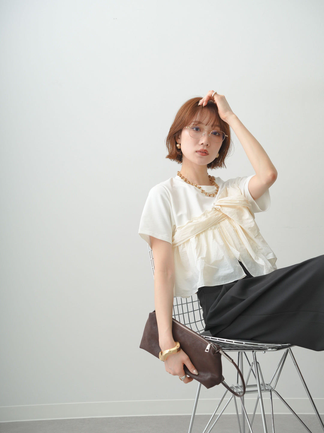 [SET]ナイロンドッキングツイストTEE +アシンメトリーベルトタックワイドパンツ(2set)