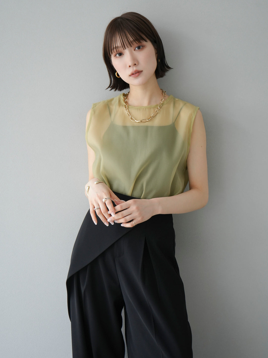 [SET] Organza sleeveless top + wrap wide pants (2set)