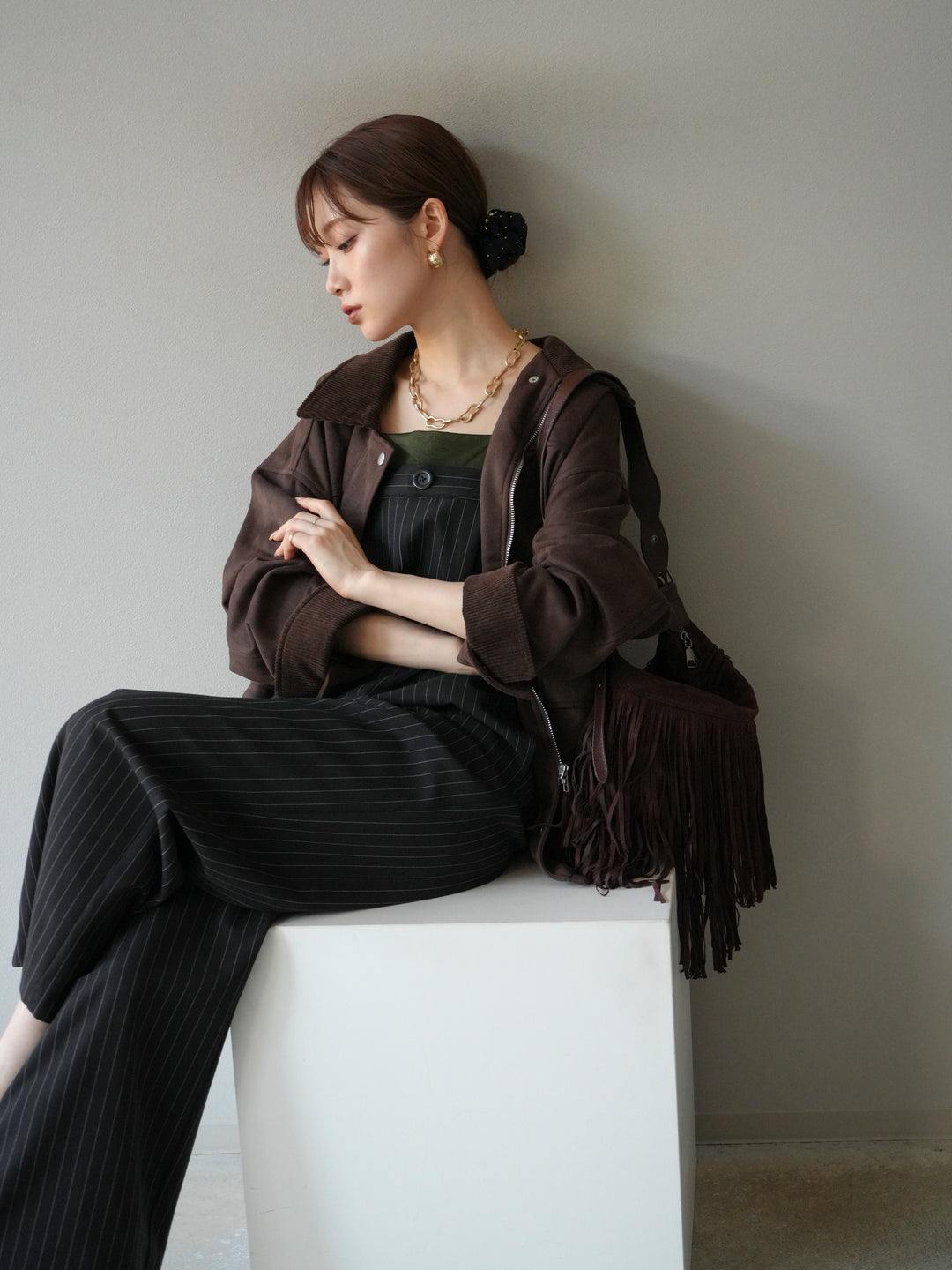 [予約]サテン切替ピンストライプサロペット/ブラック