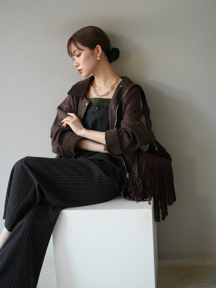 [予約]サテン切替ピンストライプサロペット/ブラック