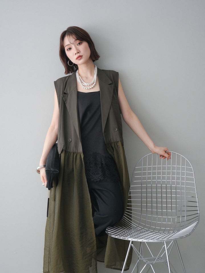 [SET]シアーレイヤードテーラードロングジレ+レーストリムキャミソール+2WAYデザインスウェットパンツ(3set)