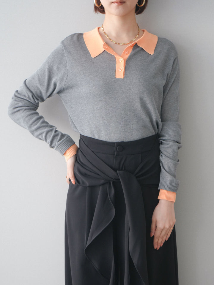 [SET]配色デザインシアーポロニット+ラッフルベルトワイドパンツ(2set)