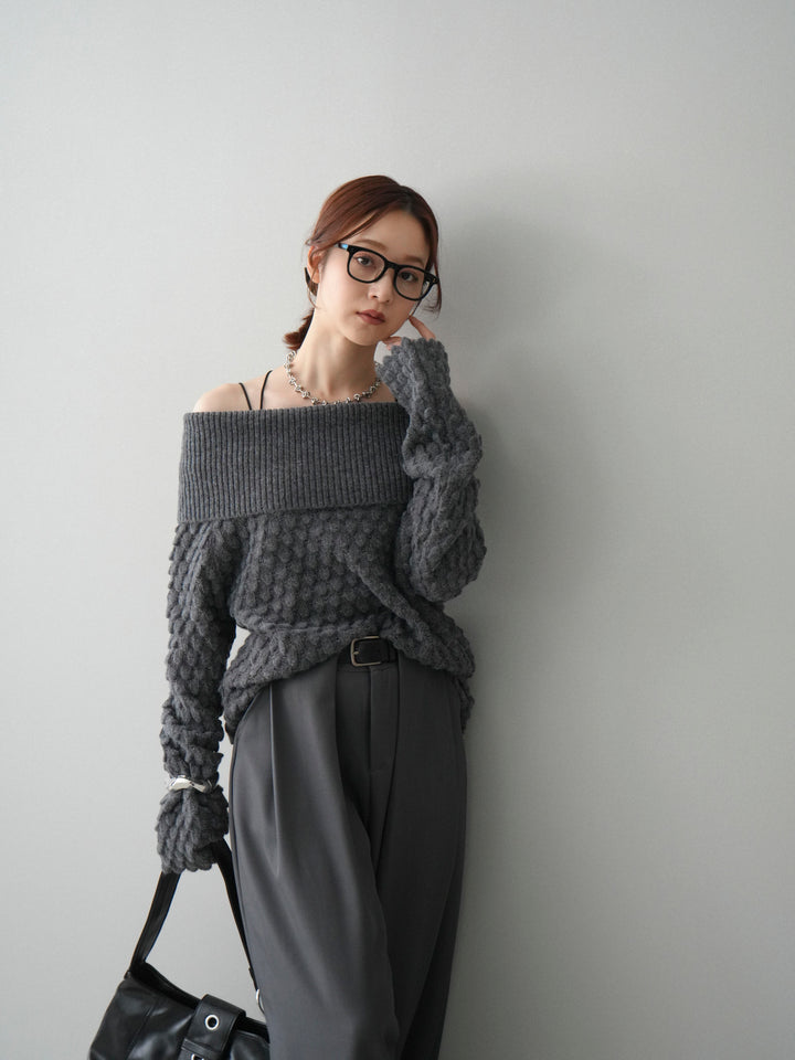 [SET]ポコポコ編みオフショルニットプルオーバー+ベルトループデザインワイドパンツ(2set)