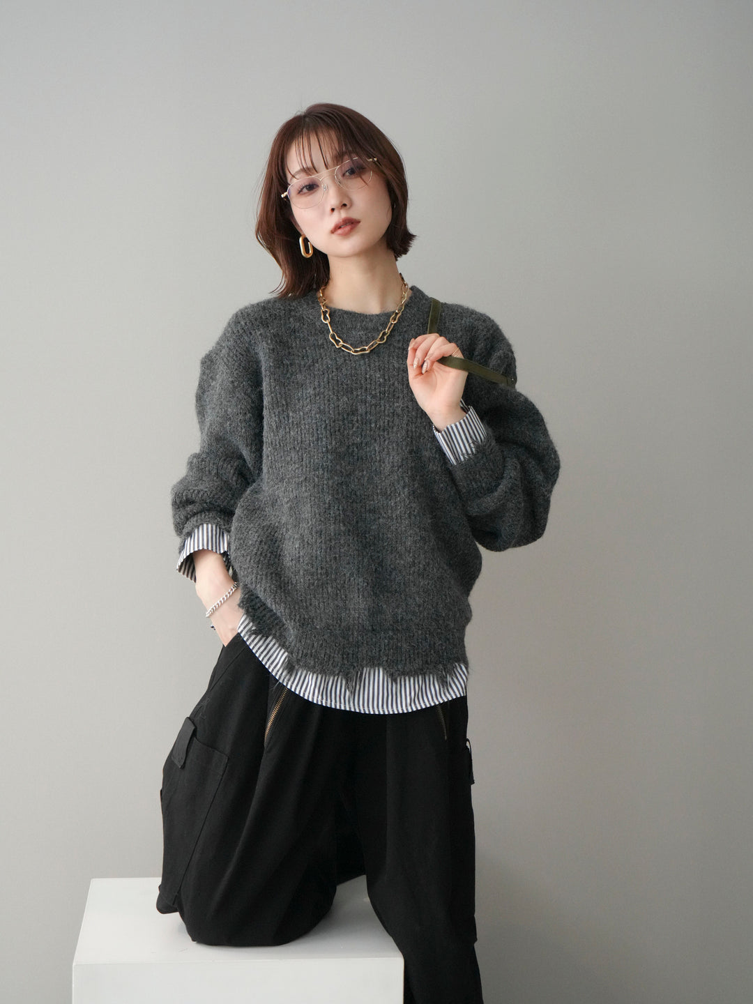 [予約]裾シャツレイヤードダメージニットプルオーバー/darkgrey