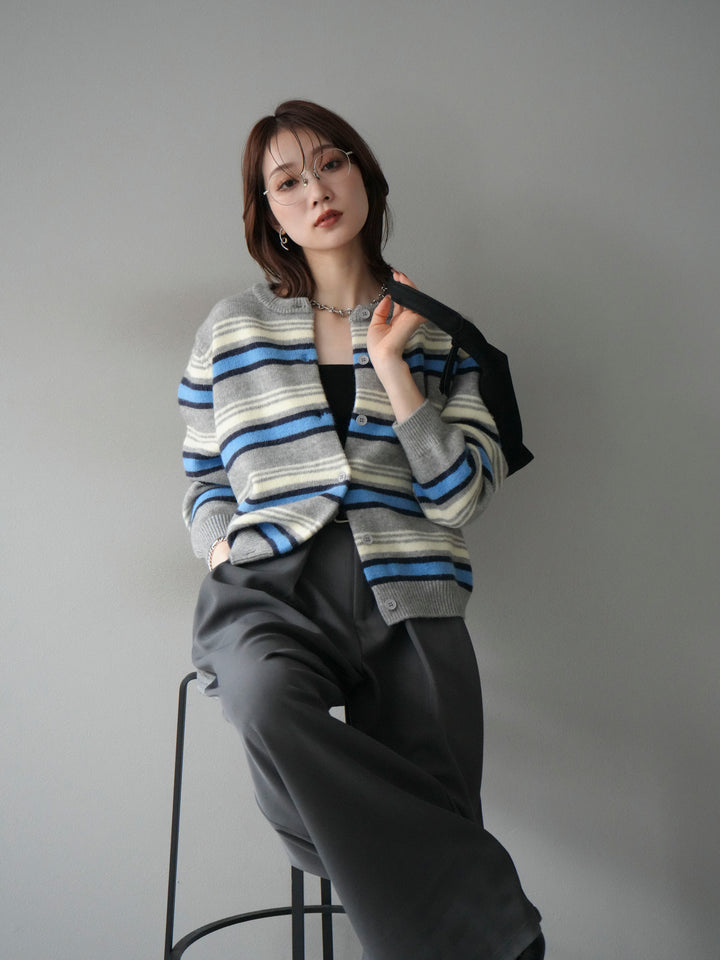 [SET]マルチボーダーニットカーディガン+ベルトループデザインワイドパンツ(2set)