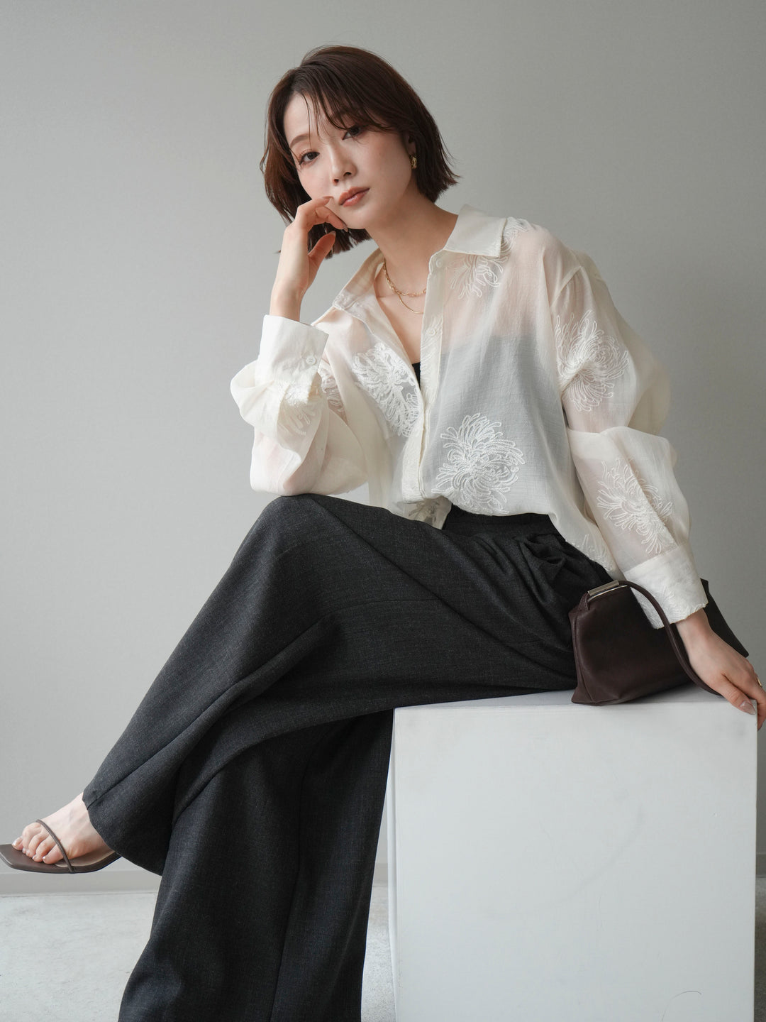 [SET]シアーエンブロイダリーシャツ+ダブルボタンドレープパンツ(2set)