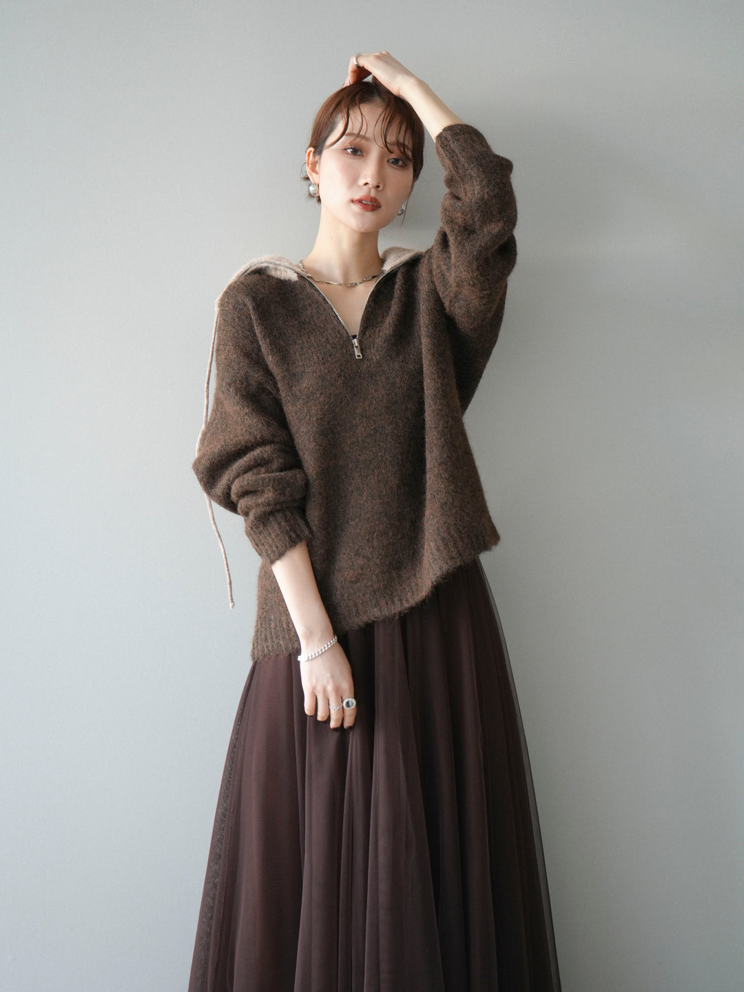 [予約]バイカラージップニットプルオーバー/brown