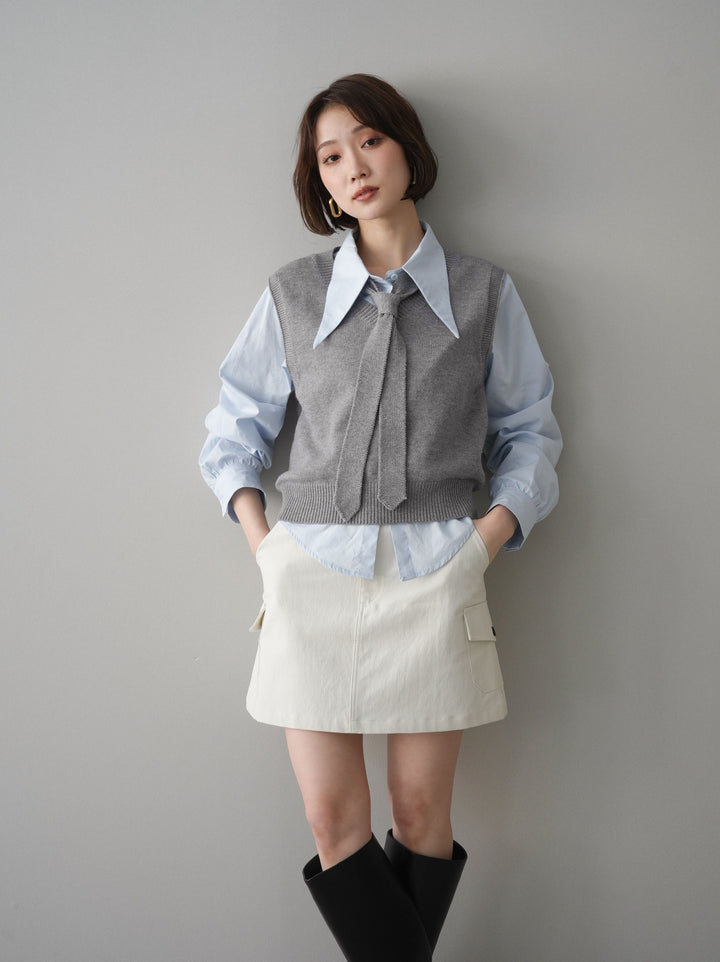 【套裝】蝴蝶結針織背心套裝襯衫+繫帶工裝迷你裙（兩件組）