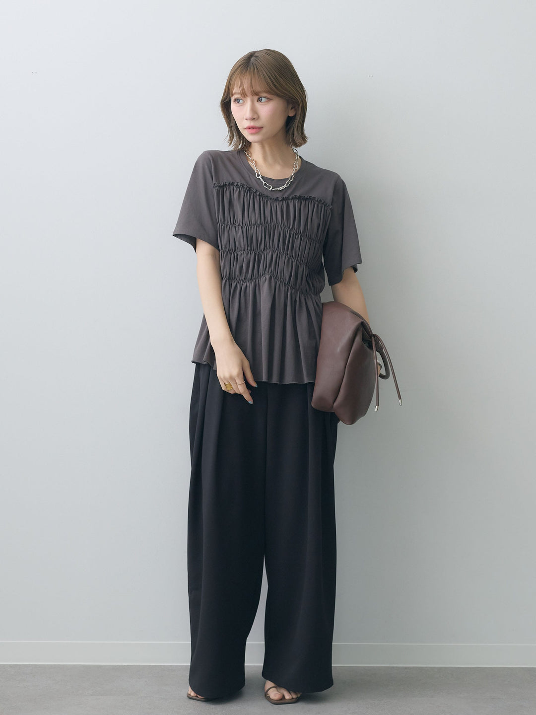 [SET]クールタッチシャーリングTEE+クレープデシンタックワイドパンツ(2set)