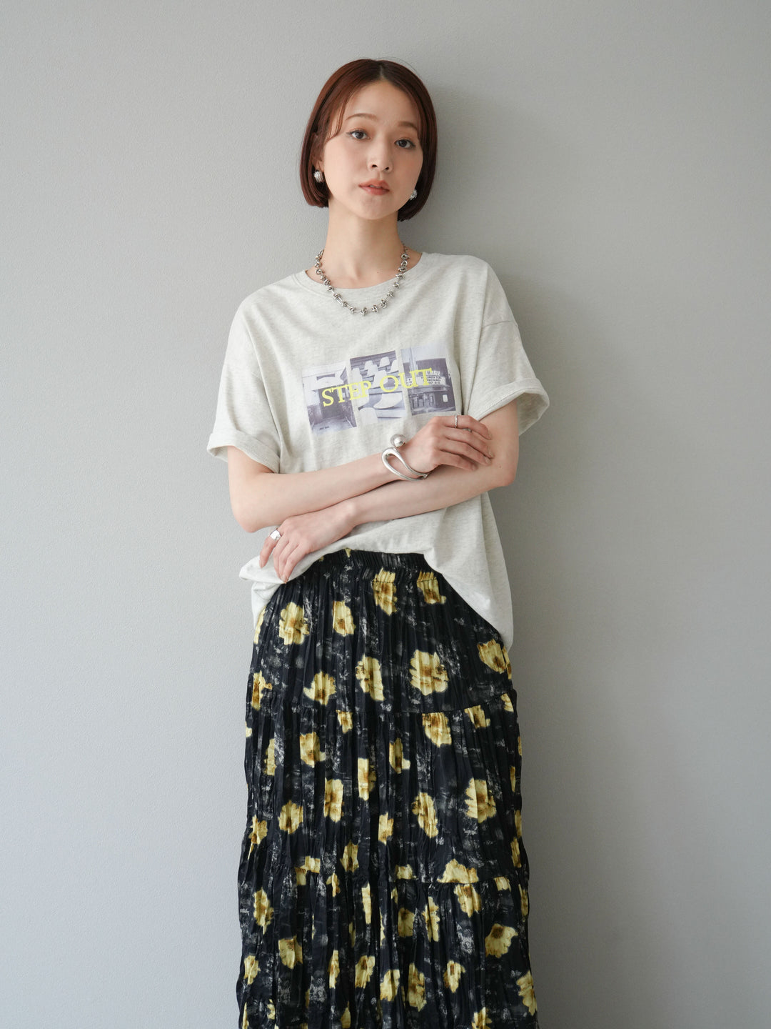 [SET]ネオンロゴコラージュフォトプリントオーバーTシャツ+フラワーワッシャーロングスカート(2set)