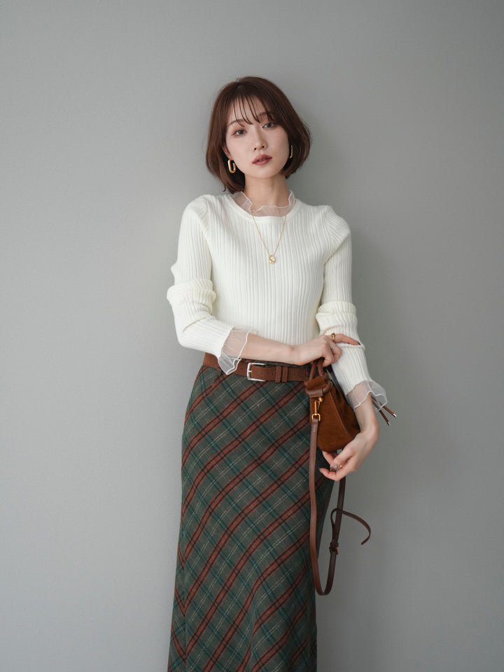 [SET]チュールドッキングリブニットトップス+ベルト付チェック柄ナロースカート(2set)