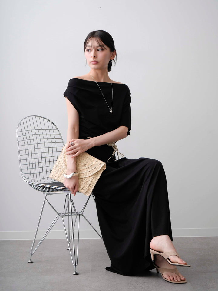 [SET]ベルト付アシメドレープカットソー＆スリットIラインスカートSET UP(2SET)