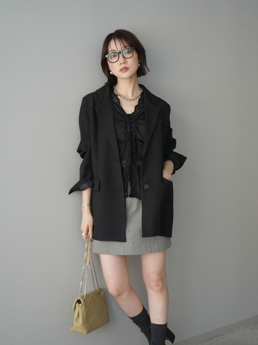 [SET]バックスリットデザインジャケット+ベルト付カーゴミニスカート(2set)