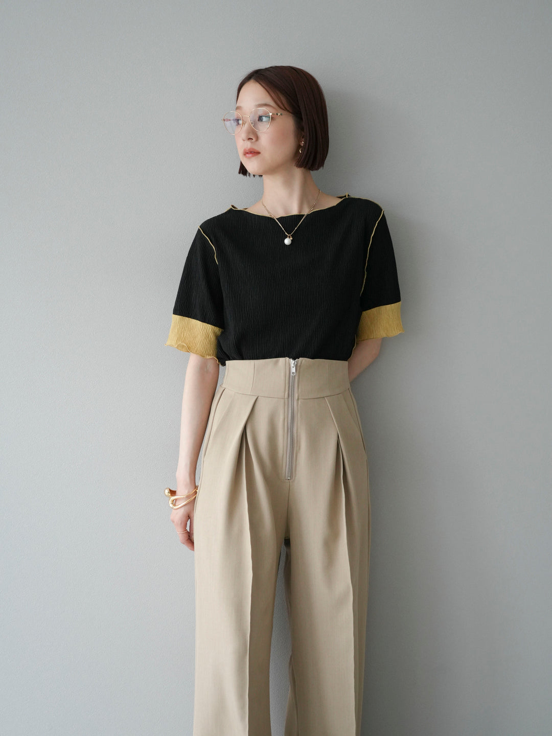 [SET] 百褶同色船領套頭衫 + 拉鍊褶襉寬褲 (2 套)