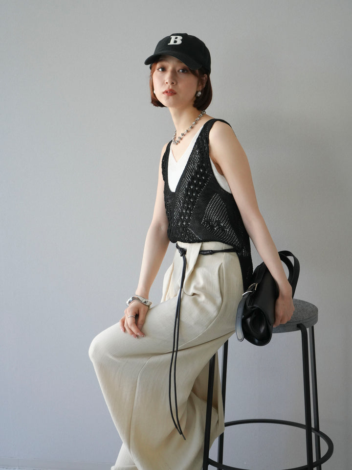 [予約]透かし編みレイヤードニットトップス/ブラック