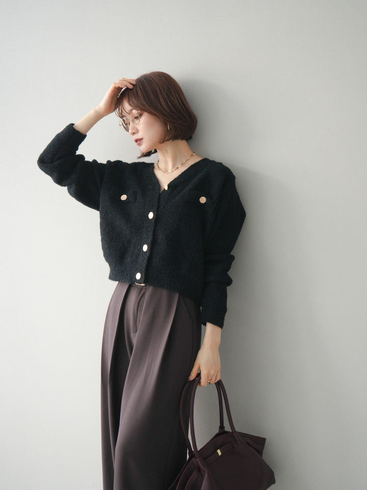 [SET]ゴールドボタンモールニットカーディガン+ベルトループデザインワイドパンツ(2set)