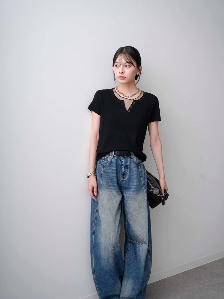 [SET]チュールレーヤードヘンリーフレンチニットトップス+立体カーブデニムパンツ(2set)