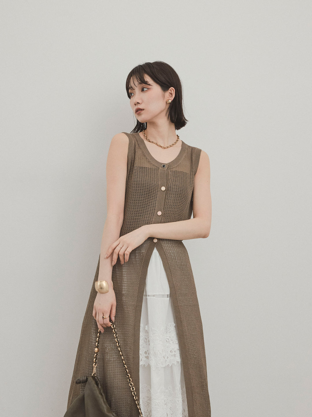 [SET]アソートボタンニットロングジレ+スカラップレースロングスカート(2set)