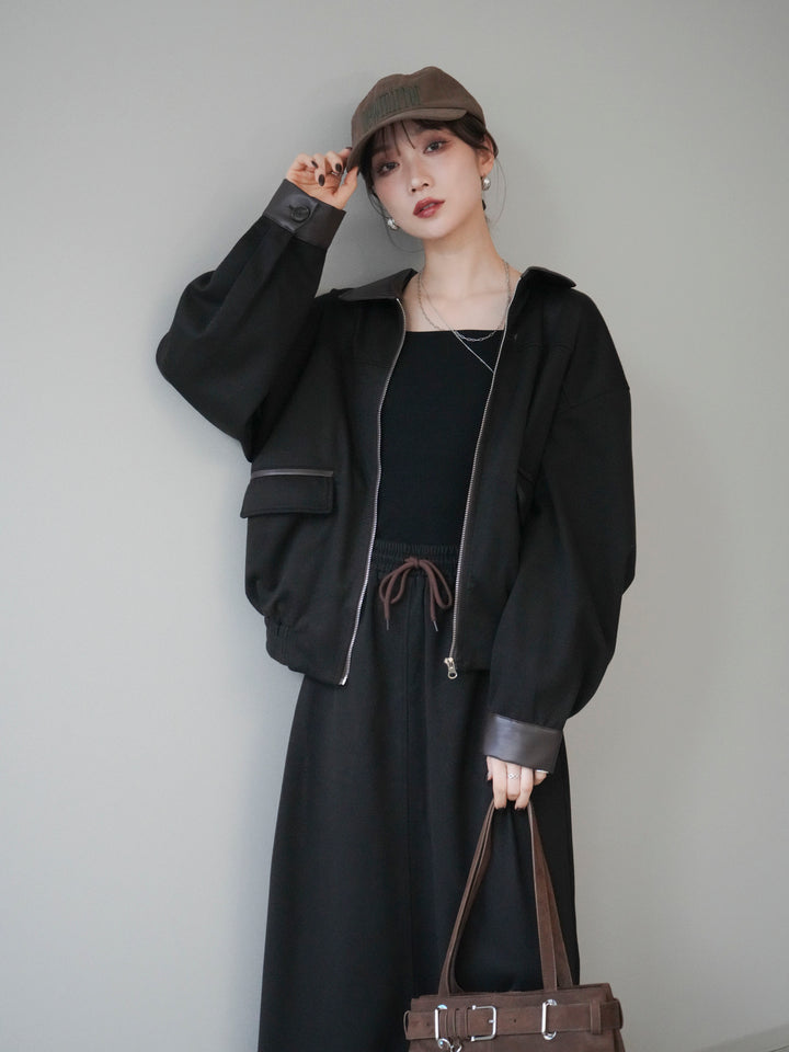 [予約]レザー襟配色パイピングブルゾン/black