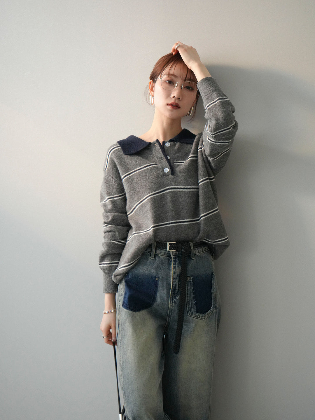 [予約]バイカラーボーダーポロニットプルオーバー/gray