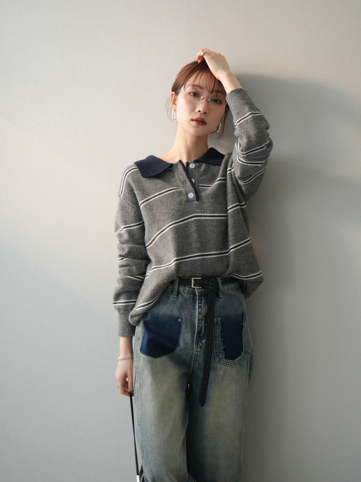 [予約]バイカラーボーダーポロニットプルオーバー/gray