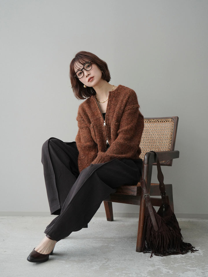 [予約]ミックスヤーンダブルZIPニットカーディガン/brown