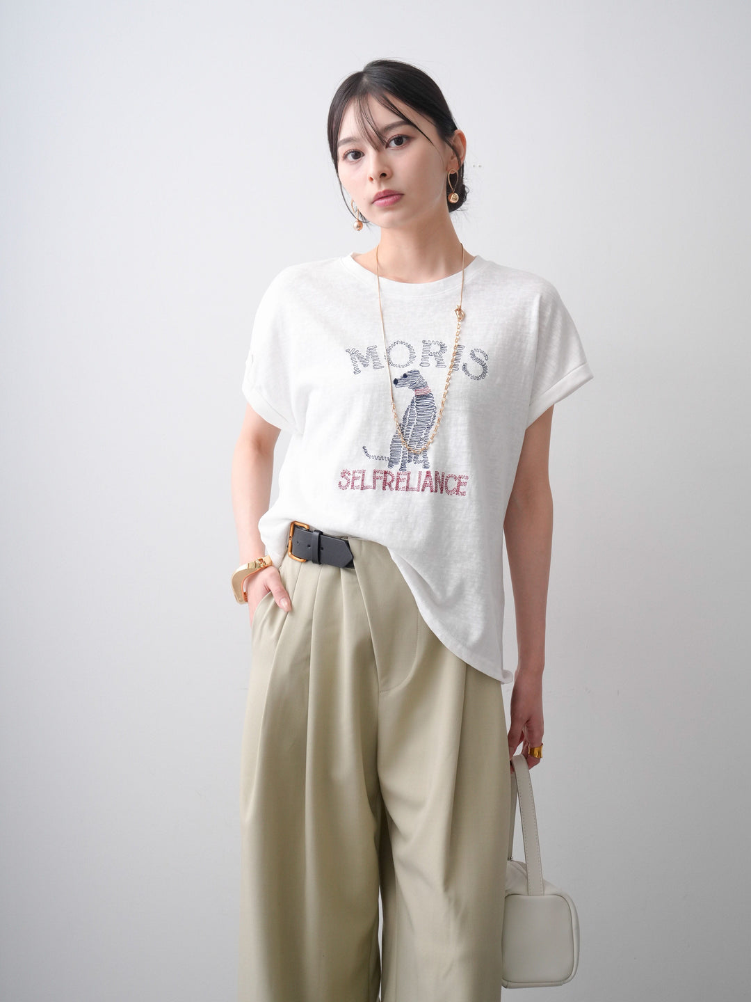 [SET]ドッグエンブロイダリーTEE+アシンメトリーベルトタックワイドパンツ(2set)