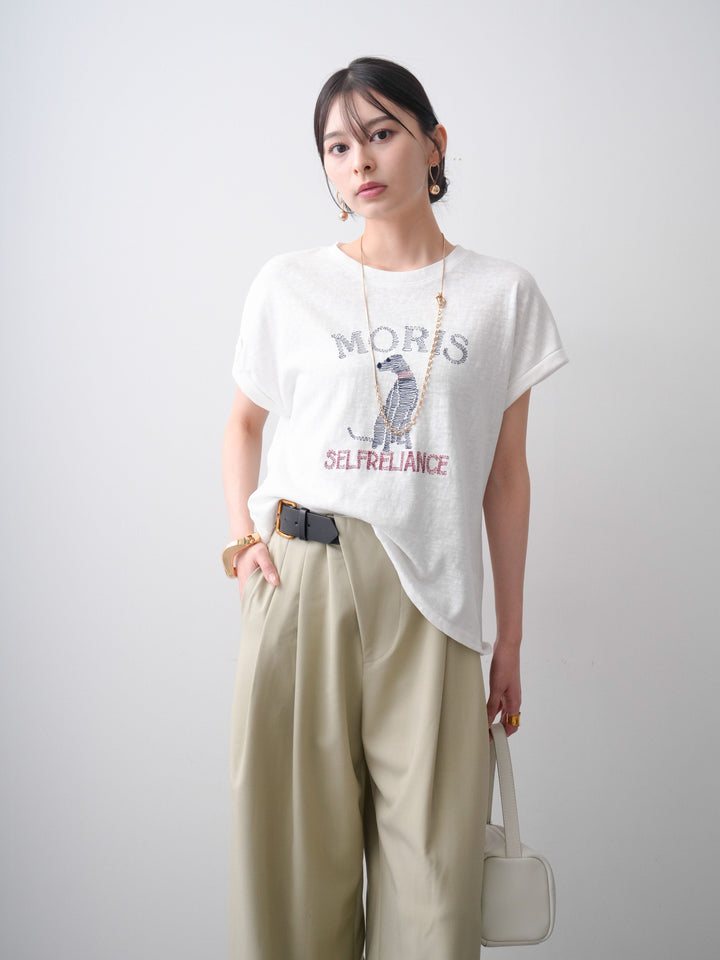 [SET]ドッグエンブロイダリーTEE+アシンメトリーベルトタックワイドパンツ(2set)