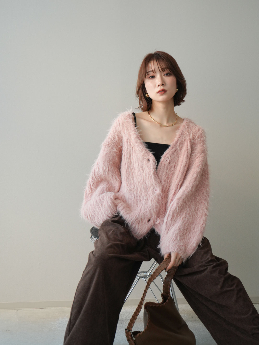 【套裝】毛絨超大針織開襟衫 + 毛絨超大針織開襟衫（兩件套）