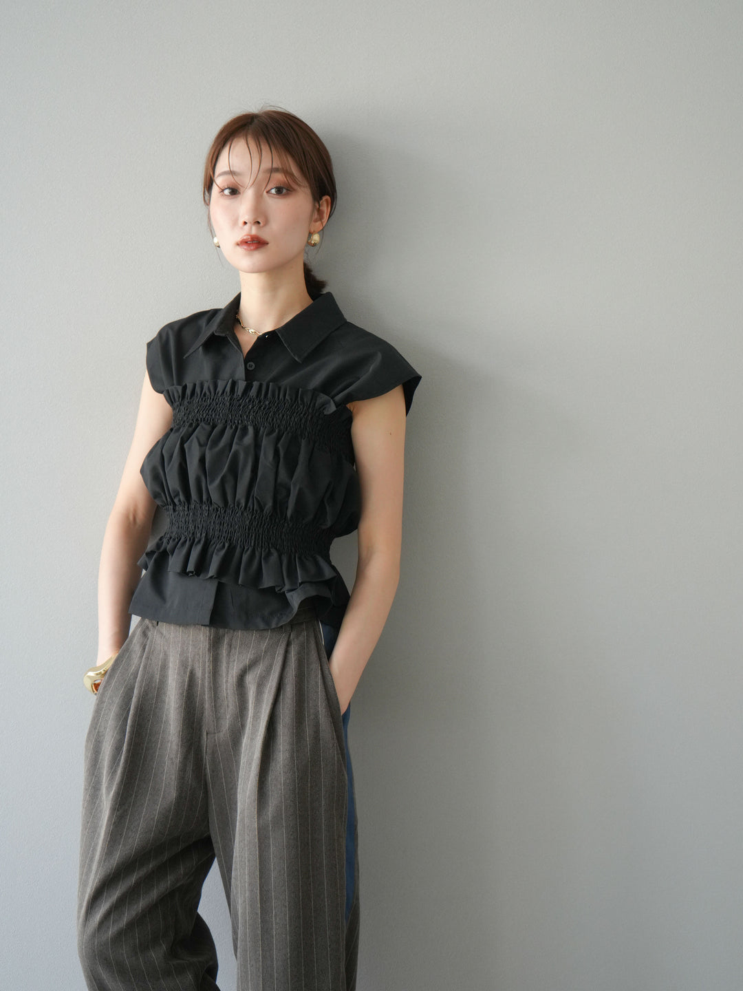 [予約]サイドラインストライプワイドパンツ/ブラウン