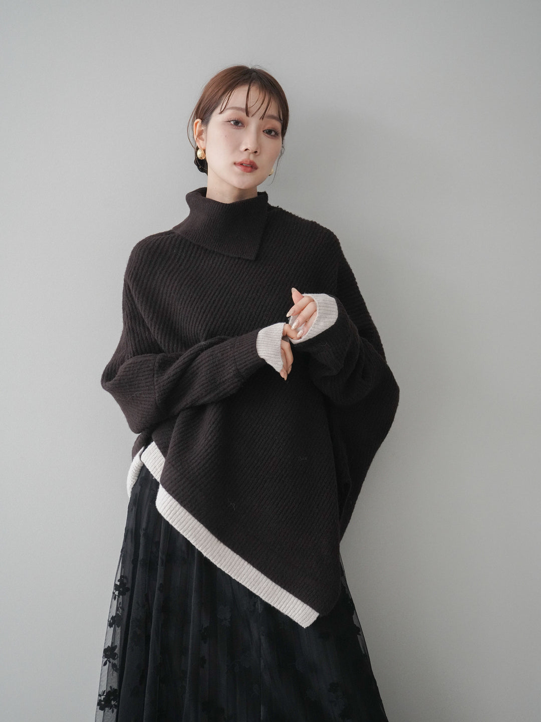 [予約]配色アシンメトリードルマンニットプルオーバー/brown
