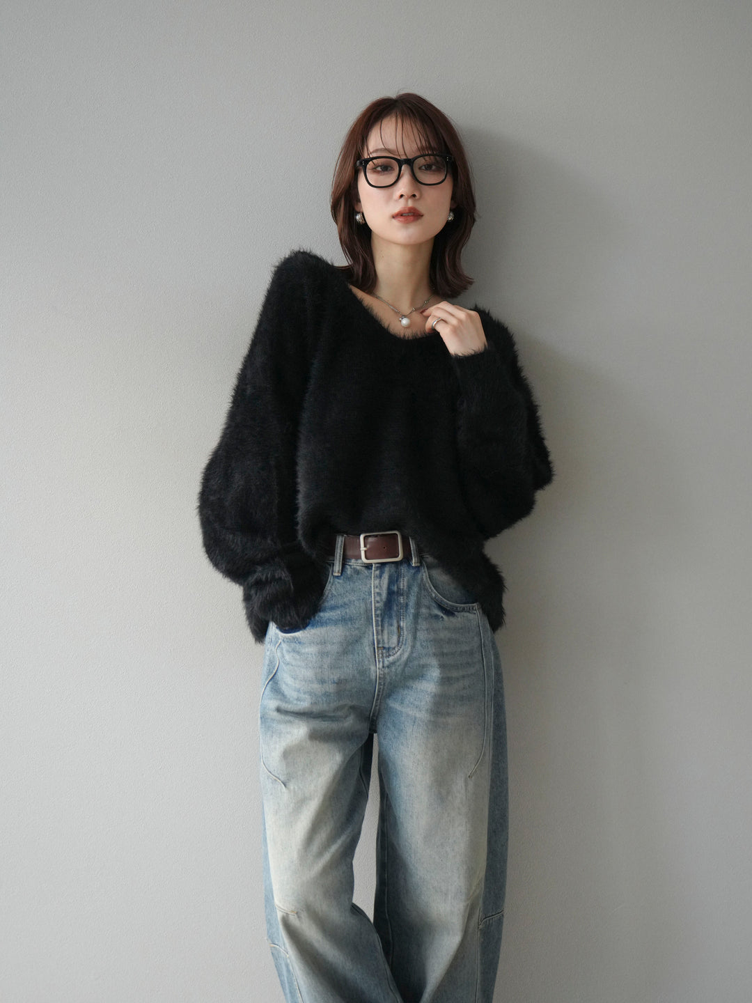 [予約]バックリボンVネックシャギーニットプルオーバー/black