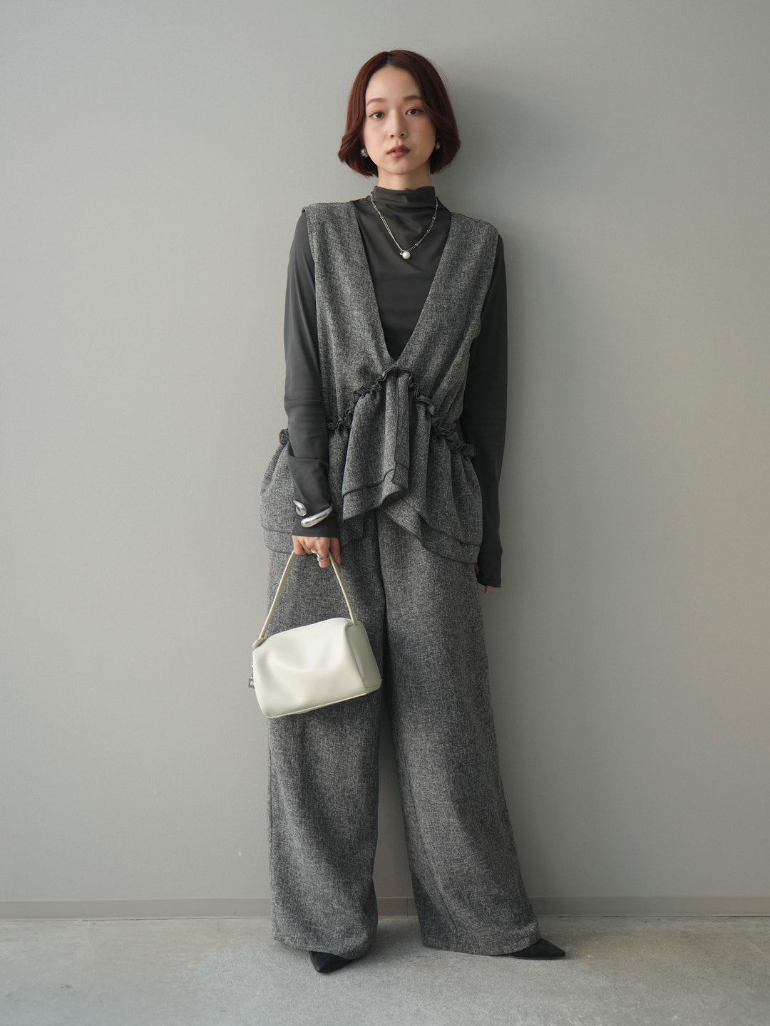 [SET]3WAYミックスツイードギャザーオールインワン+シアープチネックストレッチトップス(2set)