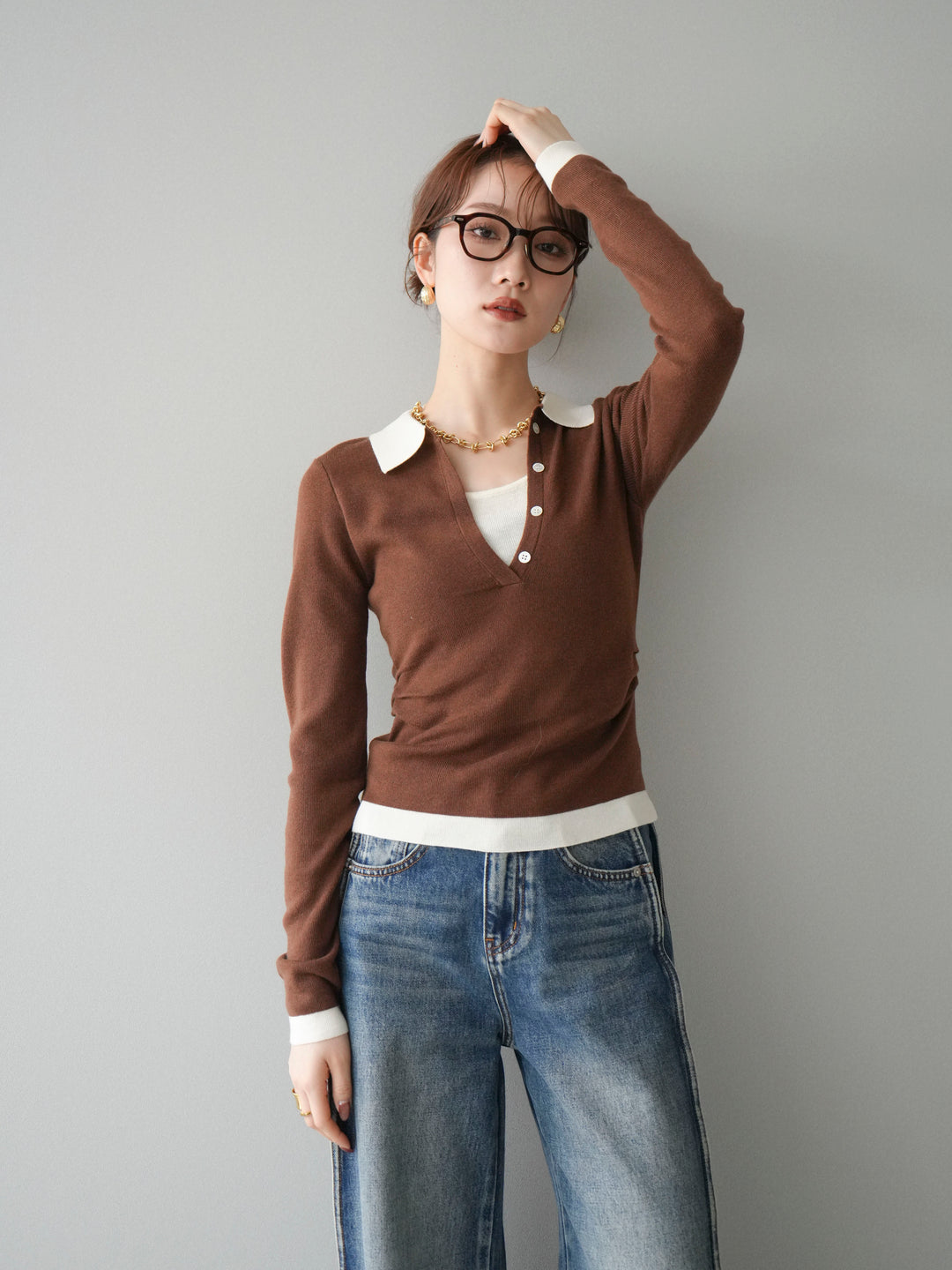 [予約]レイヤード配色ポロニットトップス/brown