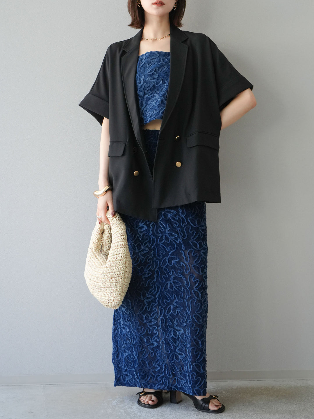 [予約]パイピングフラワーシアーベロアキャミソール/ネイビー