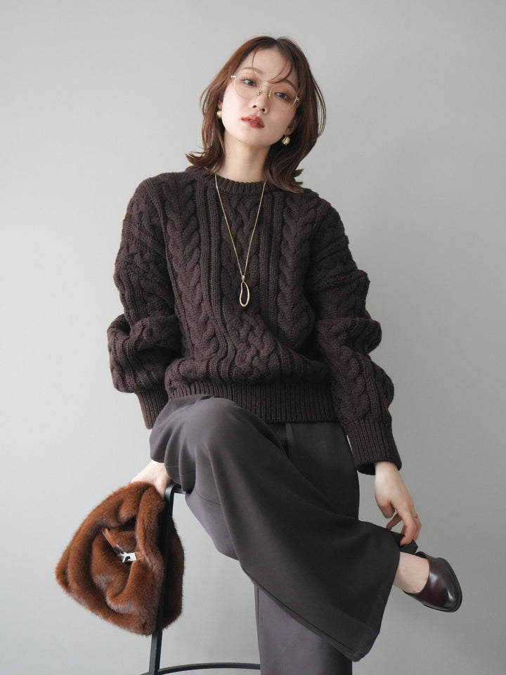 [予約]ボリュームケーブルニットプルオーバー/brown