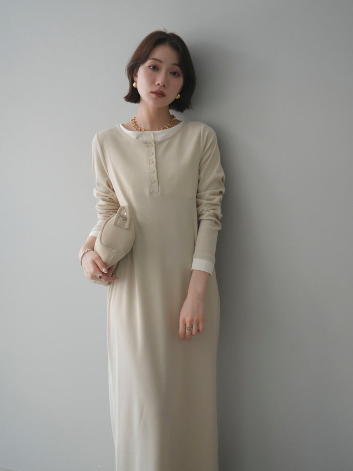[予約]配色レイヤードヘンリーネックカットリブワンピース/ivory