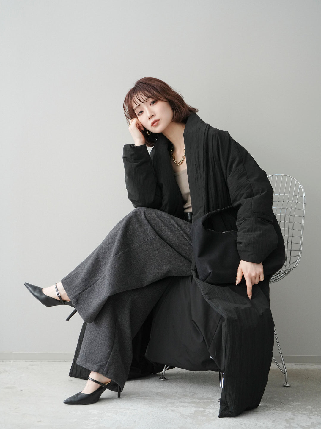 [SET]ロングダウンコート+ベルト付起毛コクーンパンツ(2set)