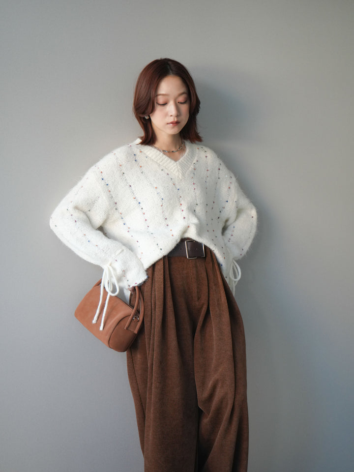 [SET]キャンディースリーブカラーネップスパンコールニットプルオーバー+ベルトデザインループコールテンワイドパンツ(ベルト付き)(2set)