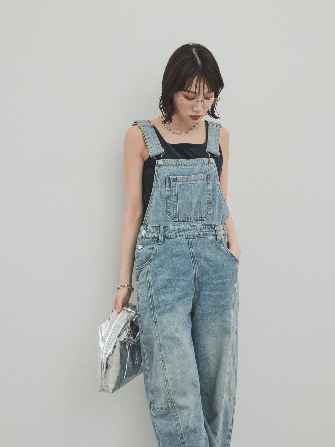 [予約]センターシームデニムサロペット /ライトブルー