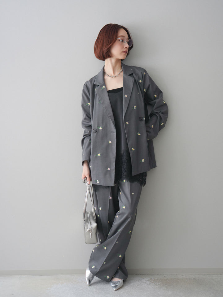 [予約]フラワー刺繍タックパンツ/gray