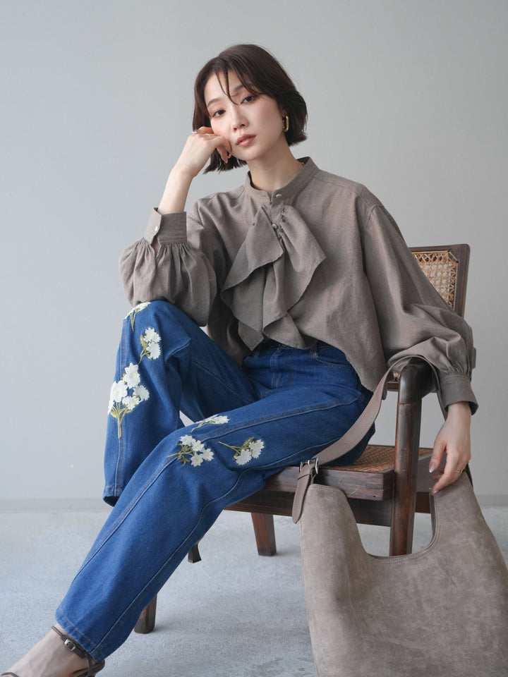 [SET]ラッフルフレアショートブラウス+フラワー刺繍ストレートデニム(2set)