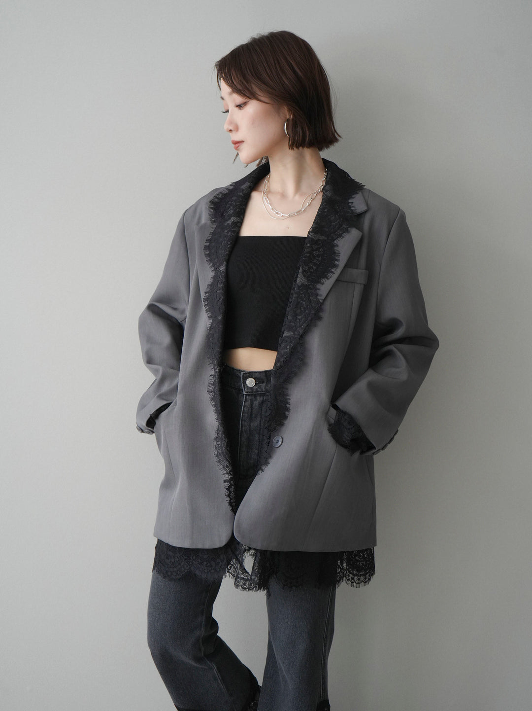 [予約]レースドッキングオーバージャケット/gray